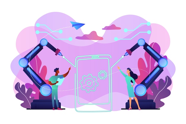 Lazer beams drawing outline of smartphone and engineers, tiny people. Laser technologies, optical communication systems, medical laser use concept. Bright vibrant violet  isolated illustration