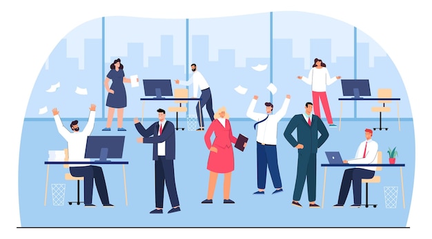 Free vector lazy and unorganized office people causing mess and problems. funny chaotic characters at computer desks flat vector illustration. conflict, chaos, workplace, organization concept for banner