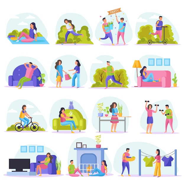 Lazy weekends people flat icon set with resting people watch tv sit on couch shopping riding in the park and other illustration