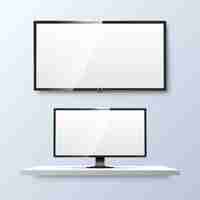 Free vector lcd monitor and empty white flat tv screen. display blank, technology digital, electronic equipment.