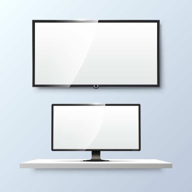 Lcd monitor and empty white flat TV screen. Display blank, technology digital, electronic equipment.