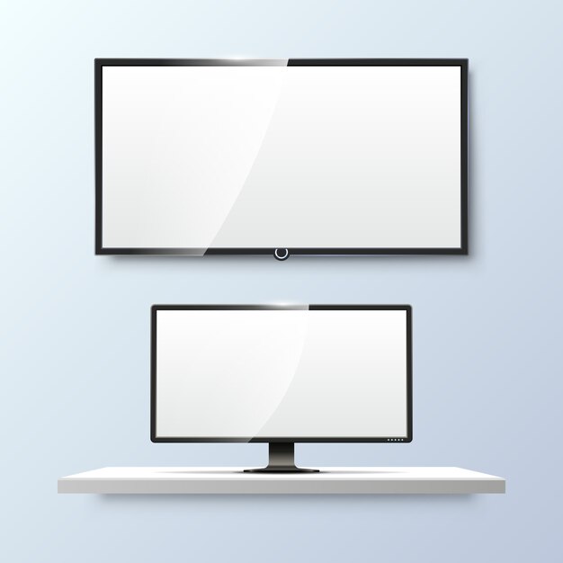 ЖК-монитор и пустой белый плоский экран телевизора. Дисплей пустой, техника цифровая, электронное оборудование.
