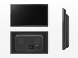 Бесплатное векторное изображение Жк-экран, макет плазменного телевизора. вид спереди, сзади и сбоку современной видеосистемы.