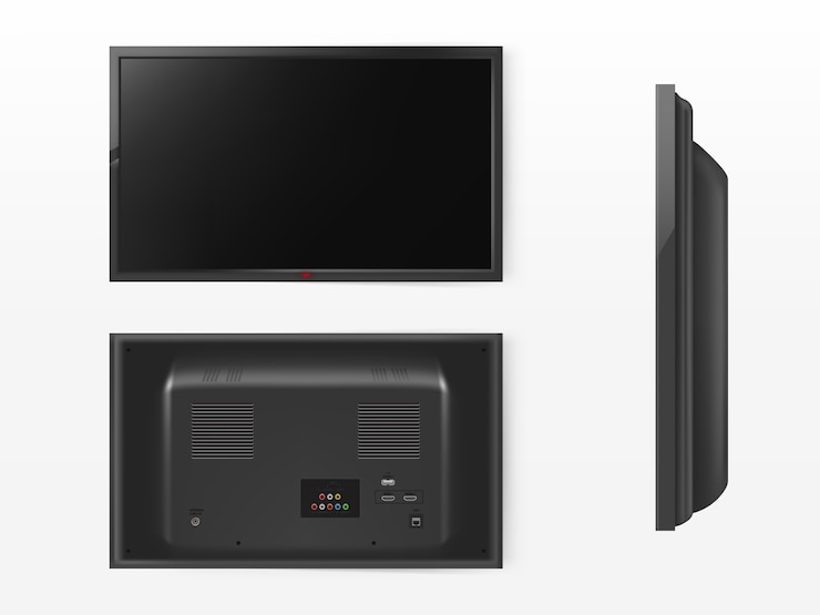 Free Vector lcd screen, mock up of plasma television. front, back and side view of modern video system. 
