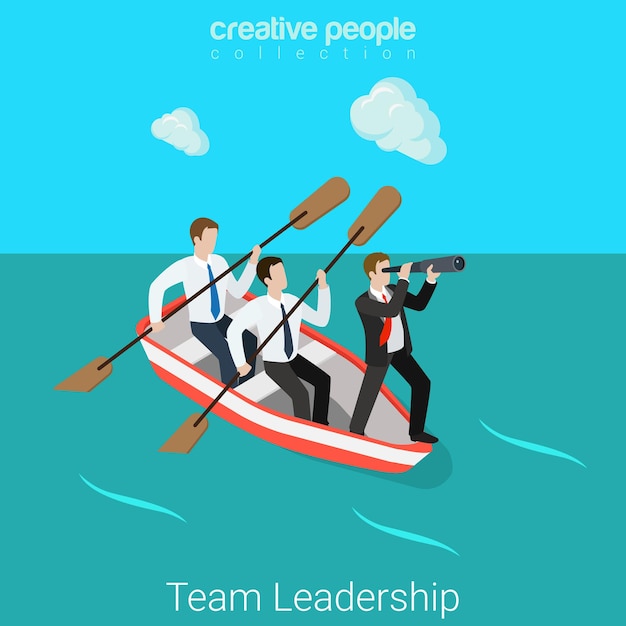Лидерство в бизнес-команде плоской изометрической концепции HR Бизнесмены в гребной лодке - два гребца, один капитан-менеджер, руководитель босса.