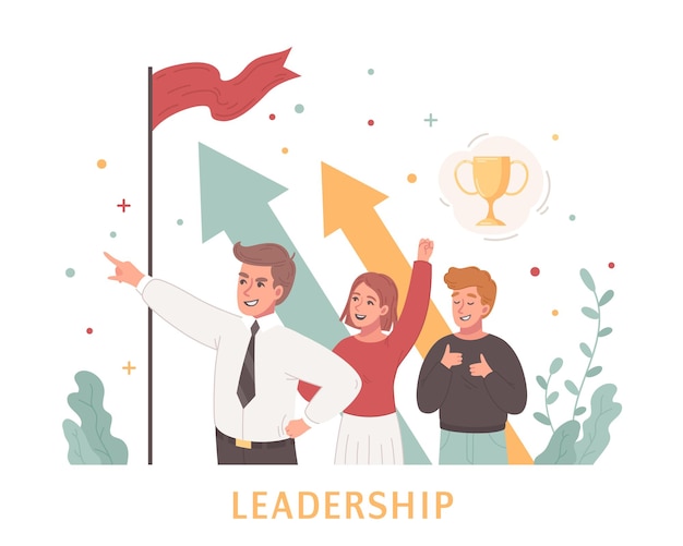 Free vector leadership cartoon design concept with teamwork of creative young people believing in success flat vector illustration