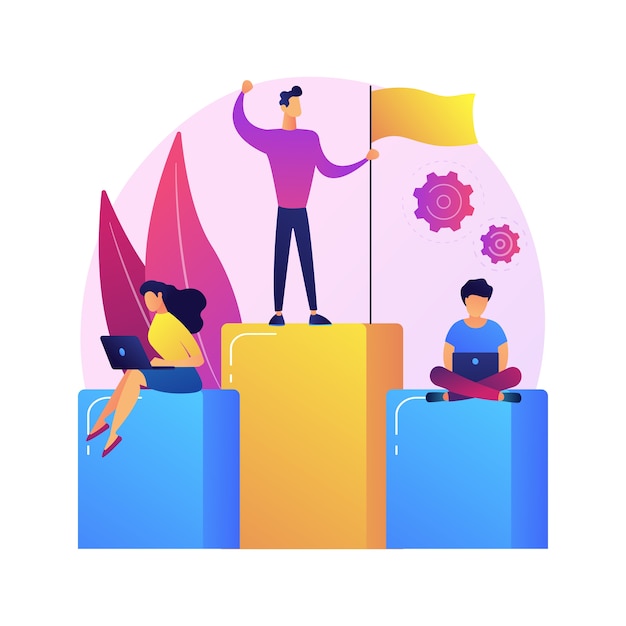 Free vector leadership and success. best worker on pedestal. achievement, development, motivation. employee character standing on bar chart with flag.