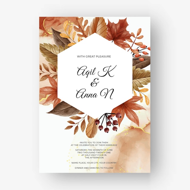 Free vector leaf and berry autumn fall wedding invitation card