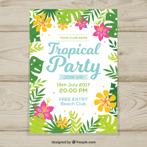 Leaflet of flowers and leaves for tropical party