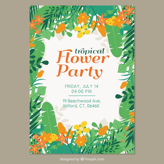 無料ベクター 熱帯の葉と黄色とオレンジの花のパーティーのリーフレット