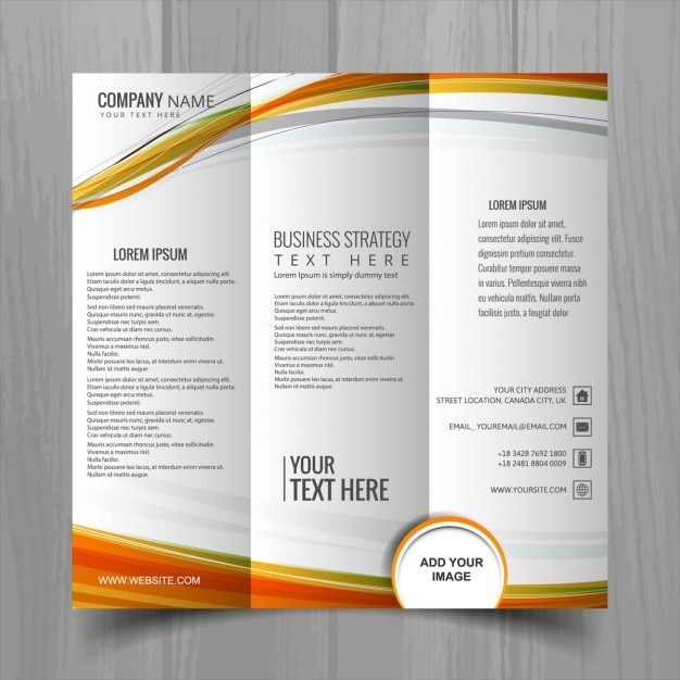 Free vector leaflet with three sections and orange wavy lines