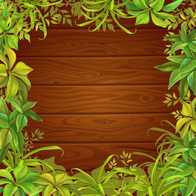 Free vector leafs trees, grass and wooden background.