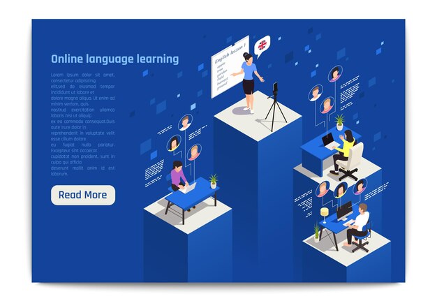 Learn foreign language in virtual classroom landing page isometric illustration