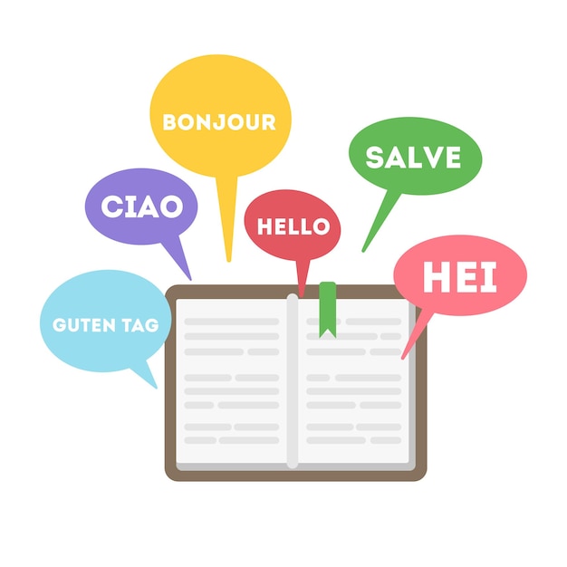 Free vector learning languages concept book with word hello on different languages