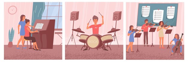 さまざまな楽器を教え、勉強する平らな人間のキャラクターと正方形の構成の音楽セットを学ぶ