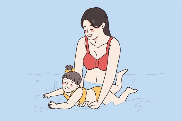 Learning to swim and happy parenthood concept.