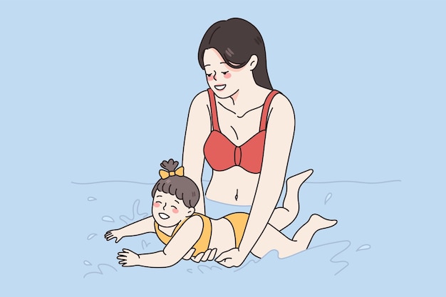 Learning to swim and happy parenthood concept.