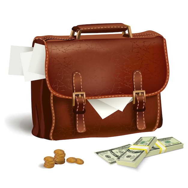 Кожаный портфель с документами и деньгами