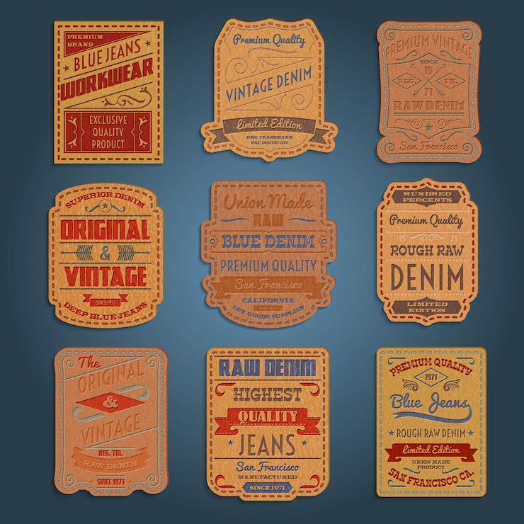 Free Vector leather classic denim jeans labels set
