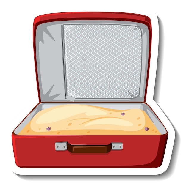 Free vector leather suitcase opened with sand cartoon sticker