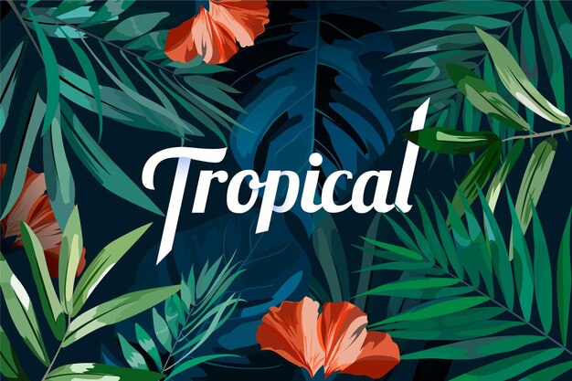 Leaves and red flowers tropical lettering