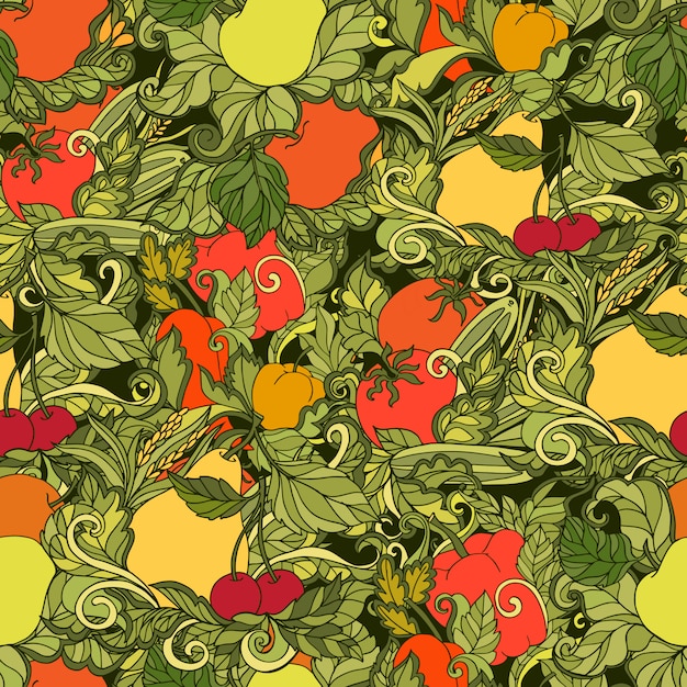 Free vector leaves vegetables and fruits seamless pattern