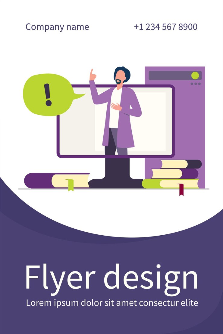 Free Vector lecturer talking during online webinar. teacher, monitor, book flat illustration. flyer template