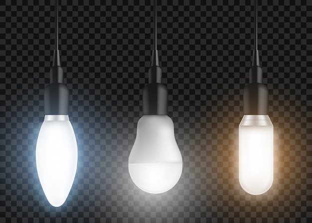 Бесплатное векторное изображение Набор светодиодных лампочек. светящиеся лампы, современные лампочки