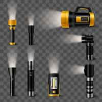 Free vector led flashlights with light beam realistic set on transparent background isolated vector illustration