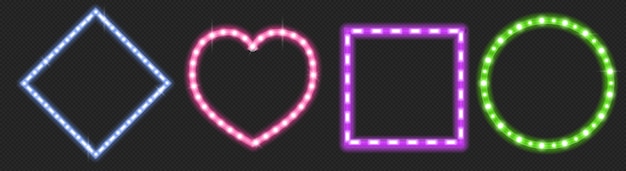 Free vector led strips in shape of heart, circle and square with neon glow effect isolated on transparent