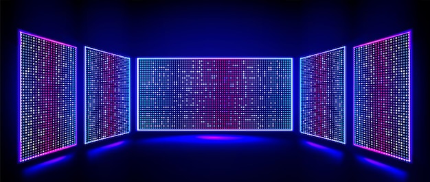 Led video walls tv screens with light effect on stage lcd video panels displays with blue and pink color dots show studio or stadium scene with led monitors vector realistic illustration