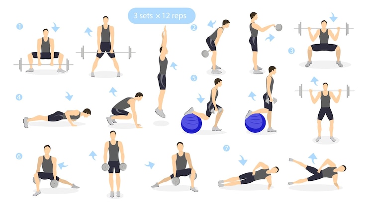 無料Vector 白い背景に設定された脚のトレーニング有酸素運動とウェイトを示す男性