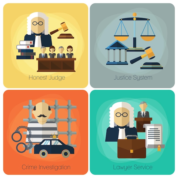Free vector legal services, law and order, justice flat concept set.