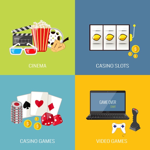 Tempo libero video sport e gioco d'azzardo casinò piatto icone impostare isolato illustrazione vettoriale