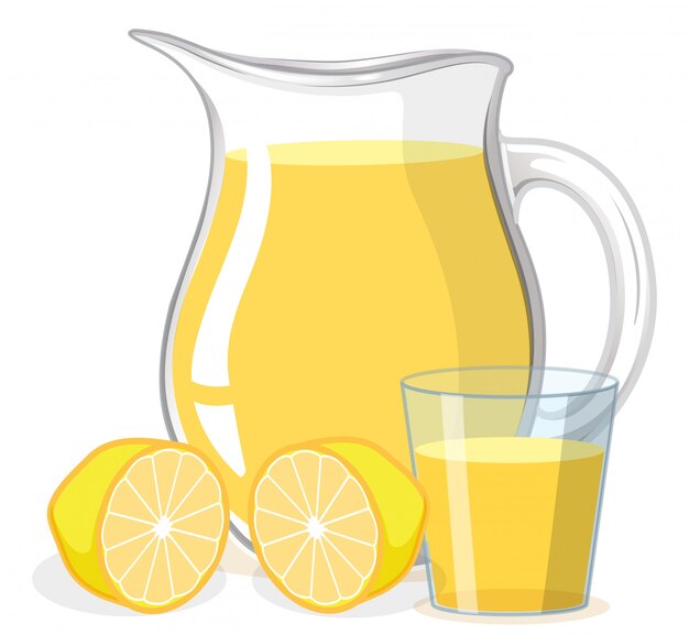 Лимонный сок в стакан и кувшин на белом фоне