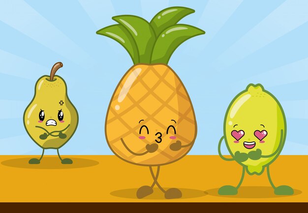 Лимон, ананас и груша, улыбаясь в стиле каваи.