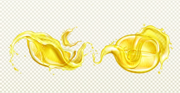 Free vector lemon sliced, juice splash with drops realistic