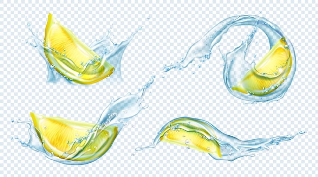 Бесплатное векторное изображение Ломтики лимона в воде или сок всплеск