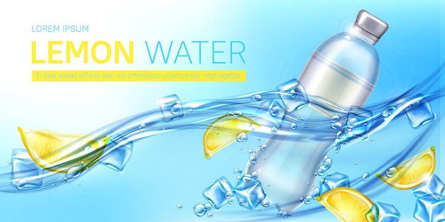 Lemon water ad banner, blank bottle with drink