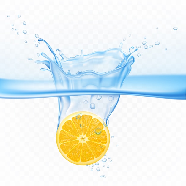 透明で隔離水のしぶき爆発のレモン。水面下の柑橘系の果物の周りに気泡があります。ジュースドリンク広告のためのデザイン要素リアルな3 dベクトルイラスト
