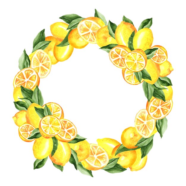 Lemons and leaves wreath watercolor illustration