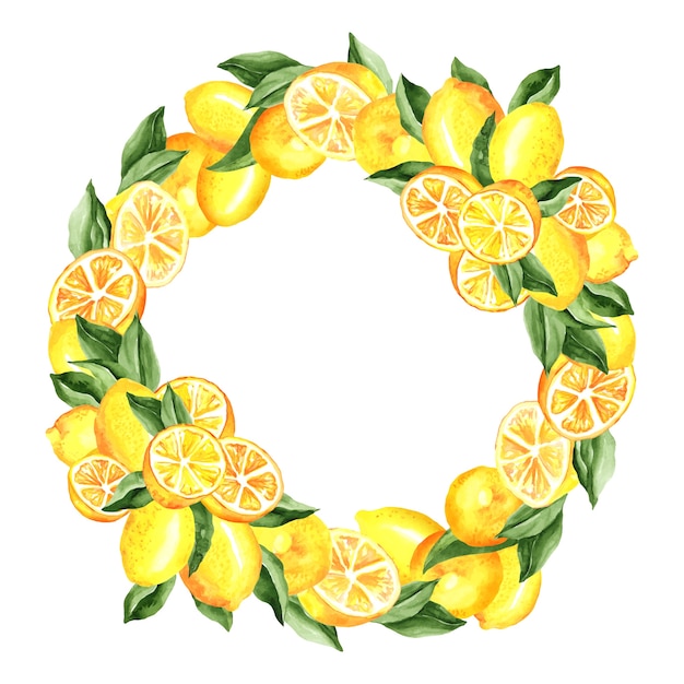 レモンと葉の花輪の水彩イラスト