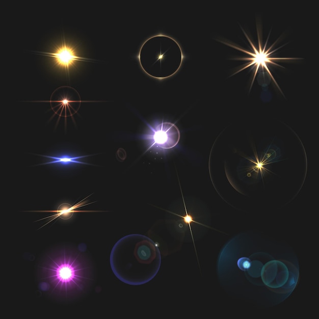 Free vector lens flares and beams realistic colored set isolated