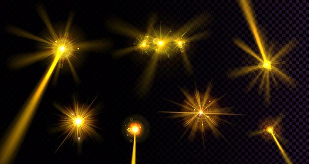Эффект бликов от линз желтый свет вспыхивает изолированно на прозрачном фоне Векторный реалистичный набор ярких бликов свечения сценических прожекторов с лучами и ореолом