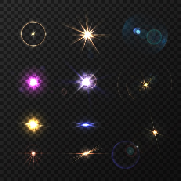 Lens flares and twinkle realistic colored set isolated