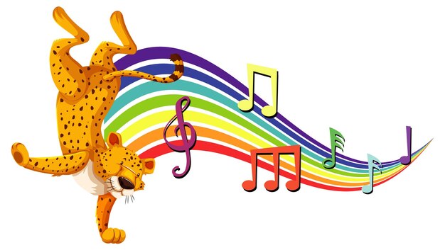 Leopard dancing with melody symbols on rainbow