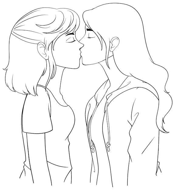 Lesbian couple cartoon kissing outline doodle