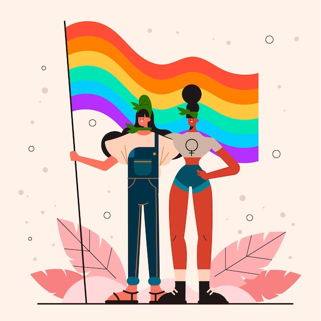 Free vector lesbian couple holding a lgbt flag