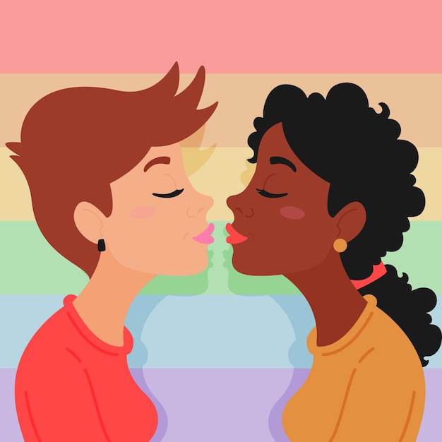 Lesbian couple kiss in flat design style