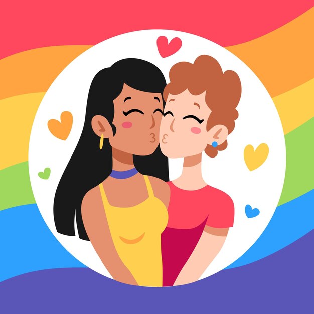 Lesbian couple kiss in hand drawn style